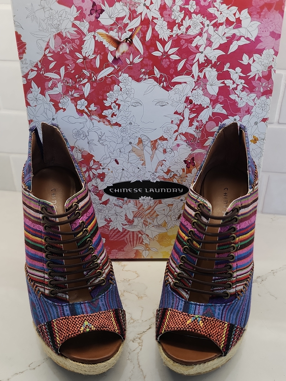 Chinese Laundry Multicolor Striped Lace-Up Peep-Toe Wedges
